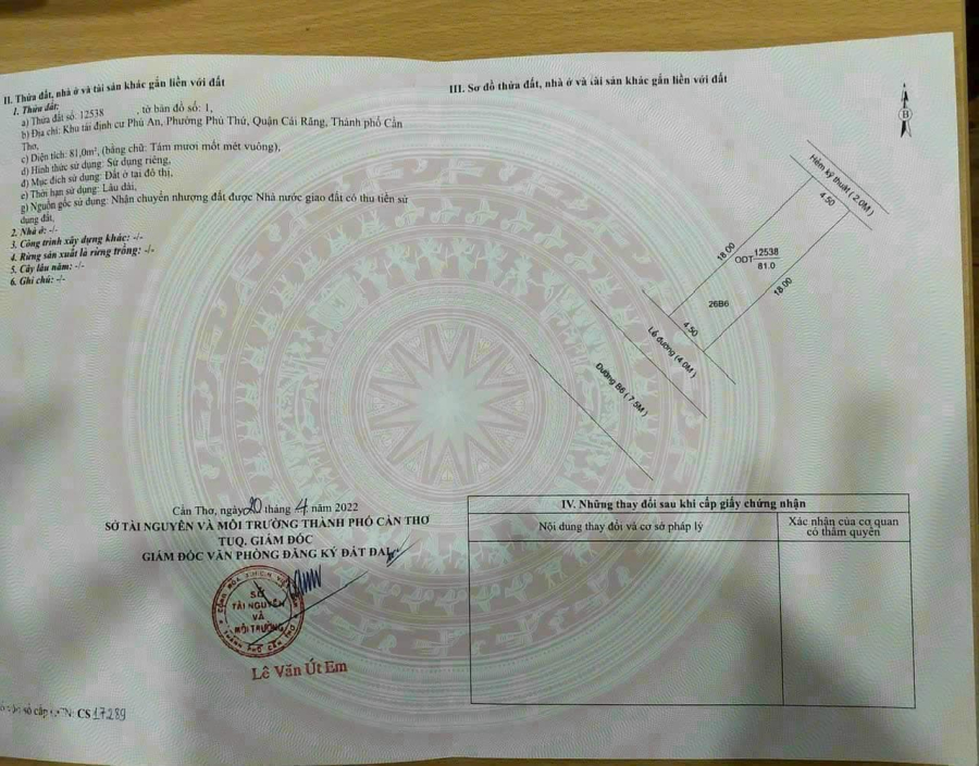 Bán nền đường B6 khu dân cư Phú An, phường Phú Thứ, quận Cái Răng, thành phố Cần Thơ